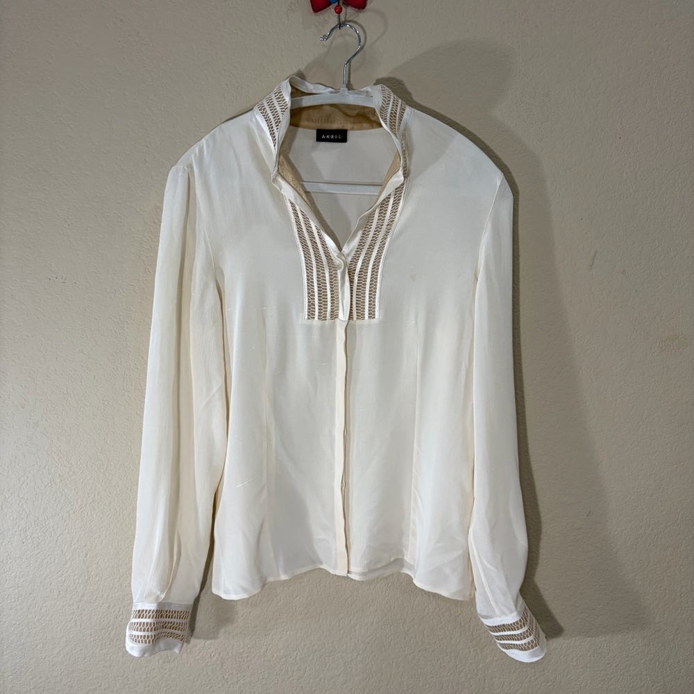 Akris Punto Womens Cream Eyelet Mock Neck 100% Silk Blouse Sz 38 US 8 Luxury